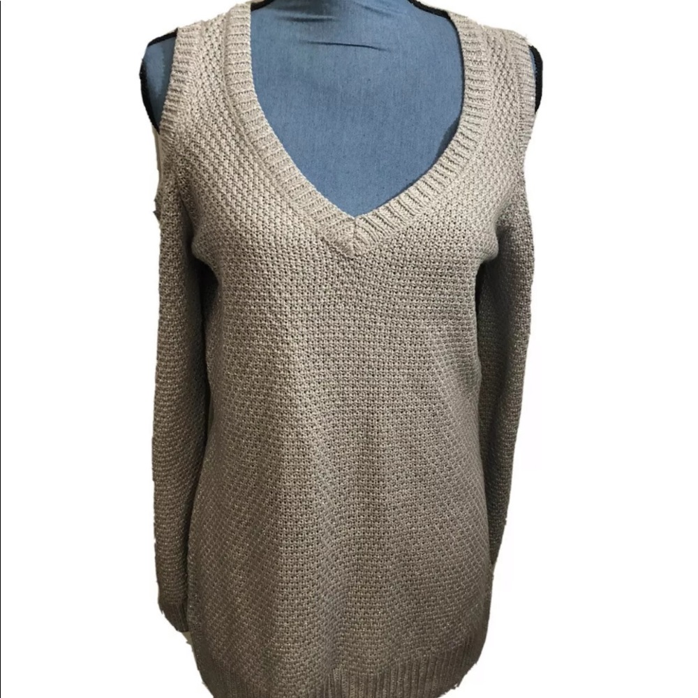 Silver White House/Black Market cold shoulder long sweater. Size M